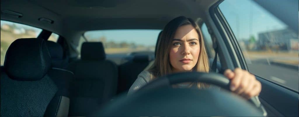 Condutora ao volante após consulta médica para carta de condução