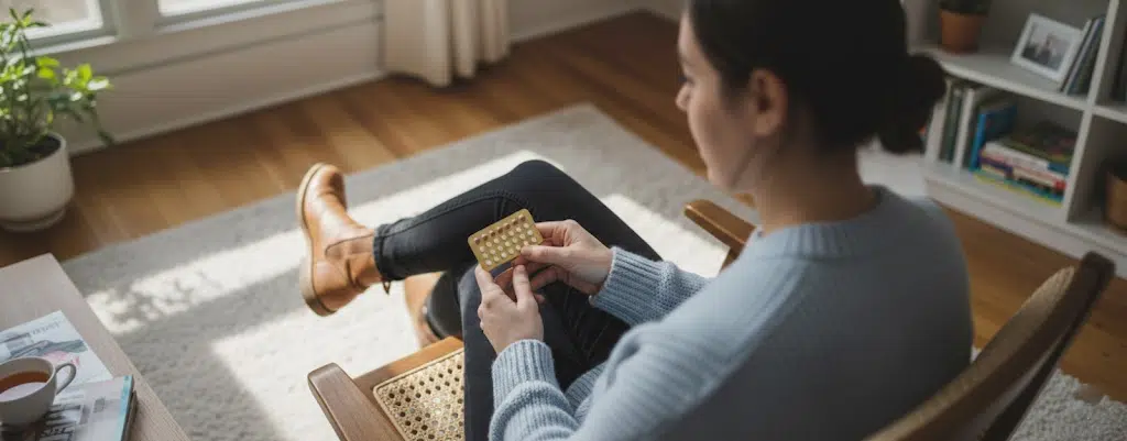 Mulher jovem a escolher método contracetivo com comprimidos e calendário menstrual