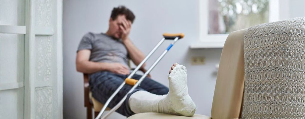 Pessoa com perna imobilizada em situação de certificado de incapacidade temporária