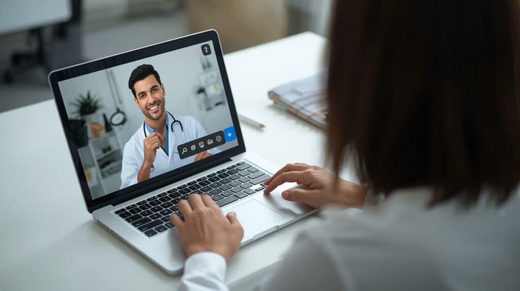 Pessoa em videoconsulta médica através de um computador portátil, ilustrando o acompanhamento clínico e psicológico online no tratamento da binge eating disorder.