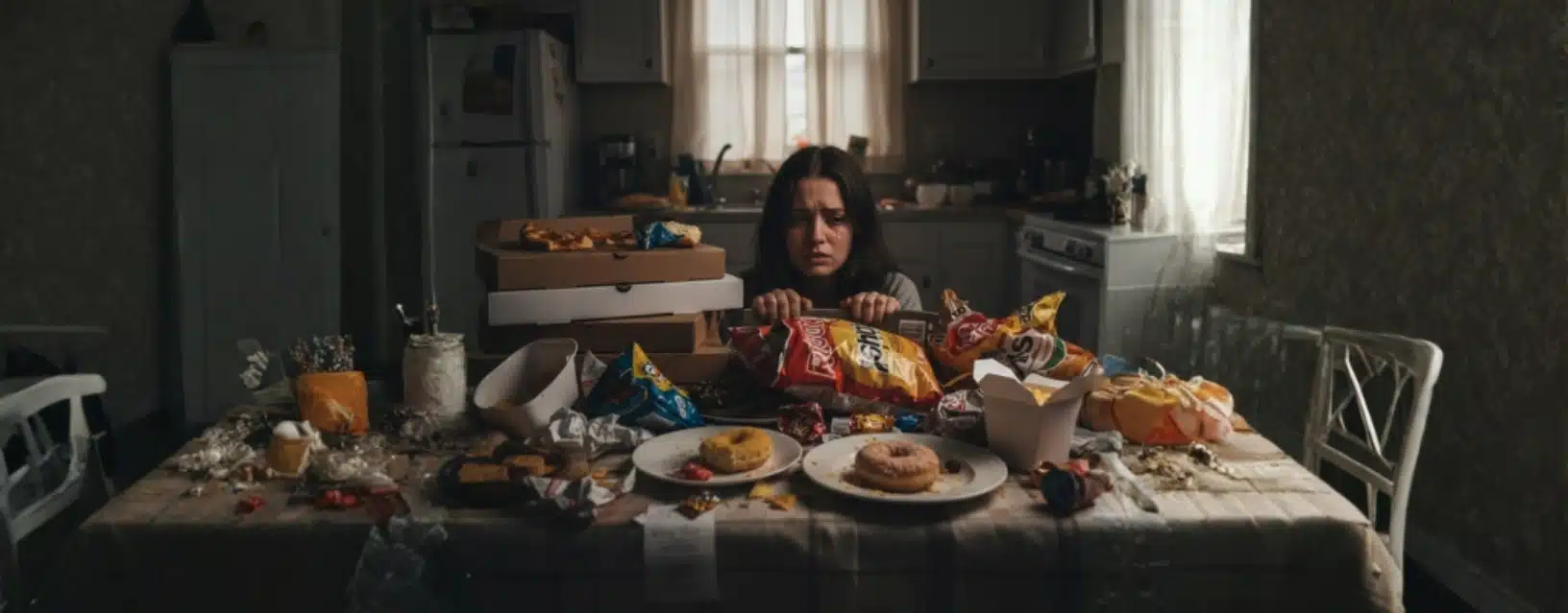Imagem conceptual de uma mulher sentada à mesa rodeada por alimentos, transmitindo sofrimento emocional e perda de controlo alimentar, ilustrando o impacto psicológico associado à binge eating disorder