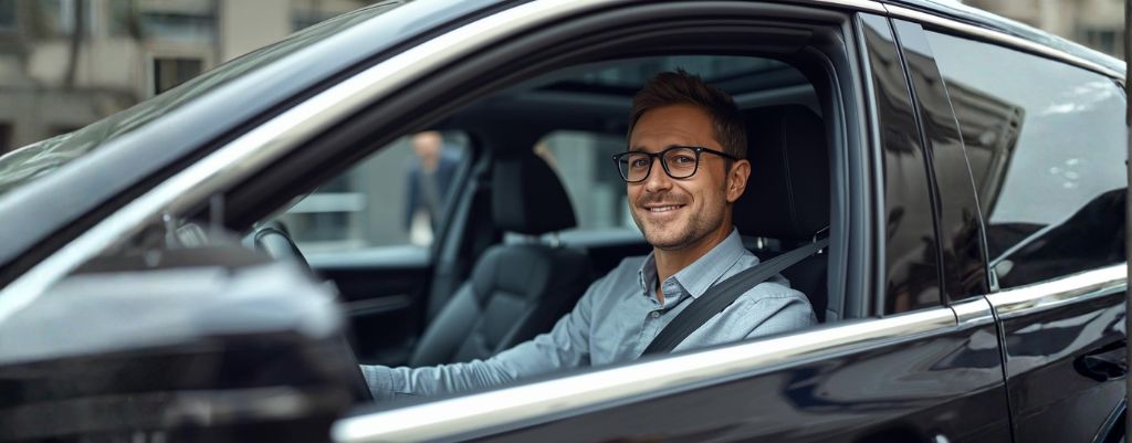 Condutor profissional ao volante de um automóvel, representando a aptidão psicológica exigida para a carta de condução