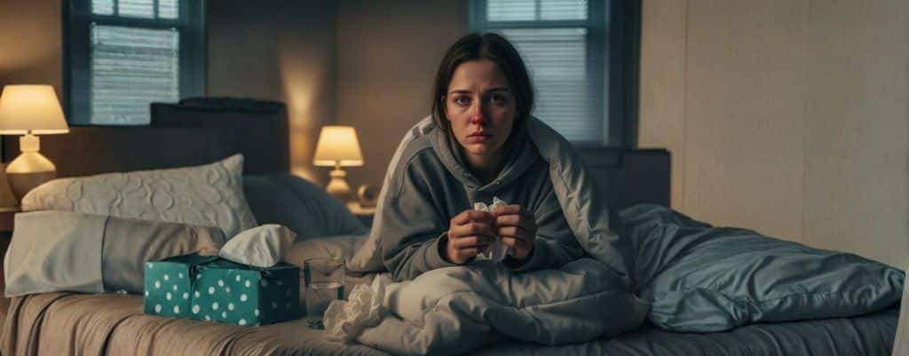 Pessoa doente em casa com sintomas respiratórios, representando a prevenção de infecções respiratórias como gripe e Covid-19