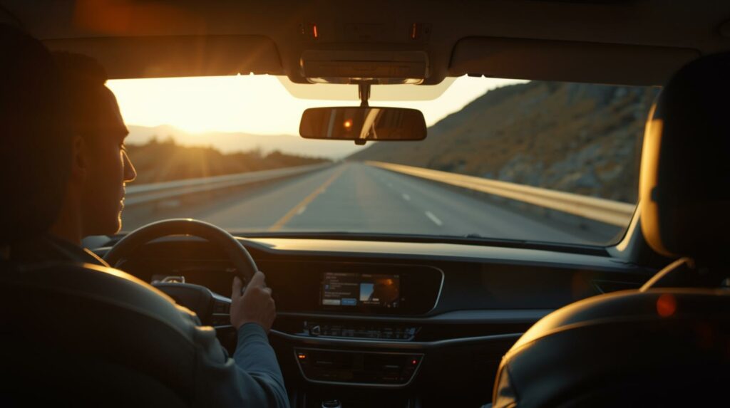 Pessoa a conduzir um automóvel numa estrada ao pôr do sol, simbolizando as consequências de não revalidar a carta de condução