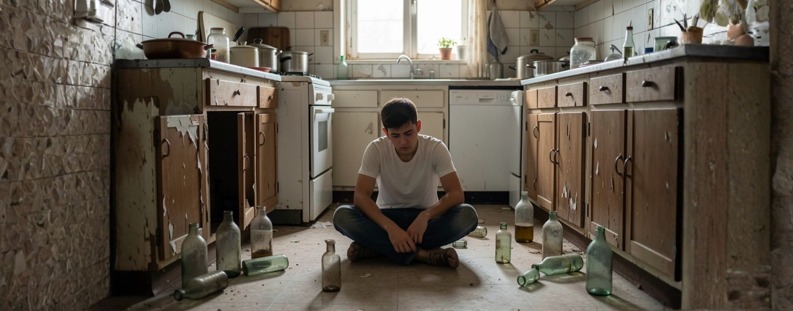 Dependências de substâncias ilustradas por jovem em contexto de consumo problemático e isolamento