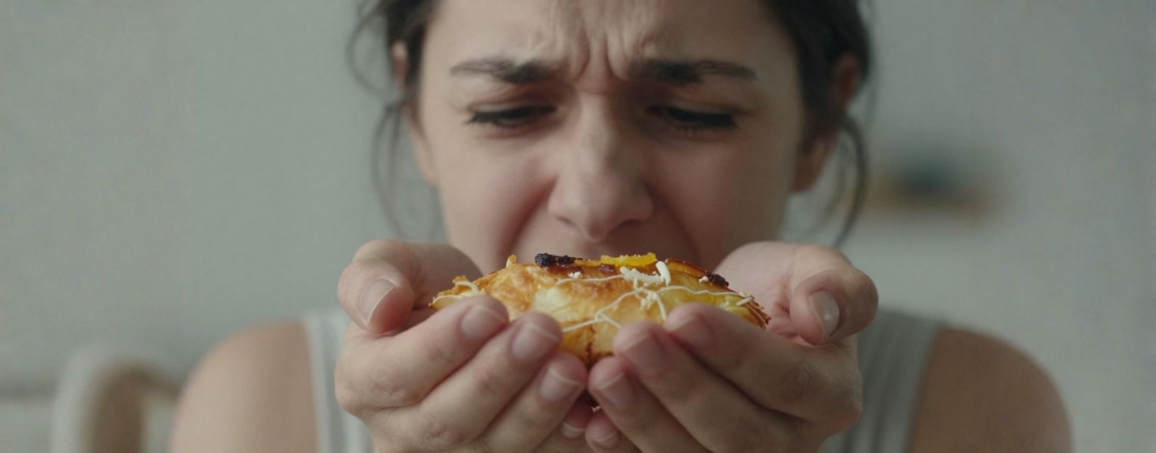 Mulher com dificuldade em controlar a alimentação, representando os distúrbios alimentares