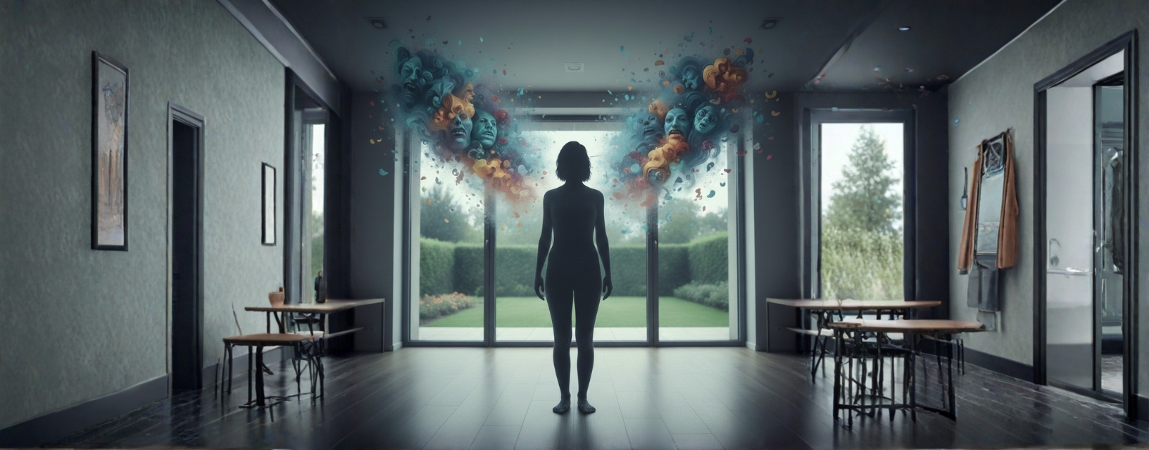 Pessoa em ambiente interior com representação visual de sintomas da esquizofrenia e alterações da perceção da realidade