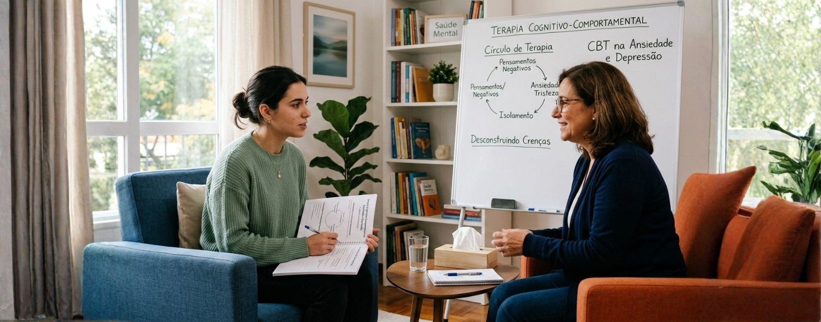Sessão presencial de terapia cognitivo-comportamental no tratamento da ansiedade e depressão