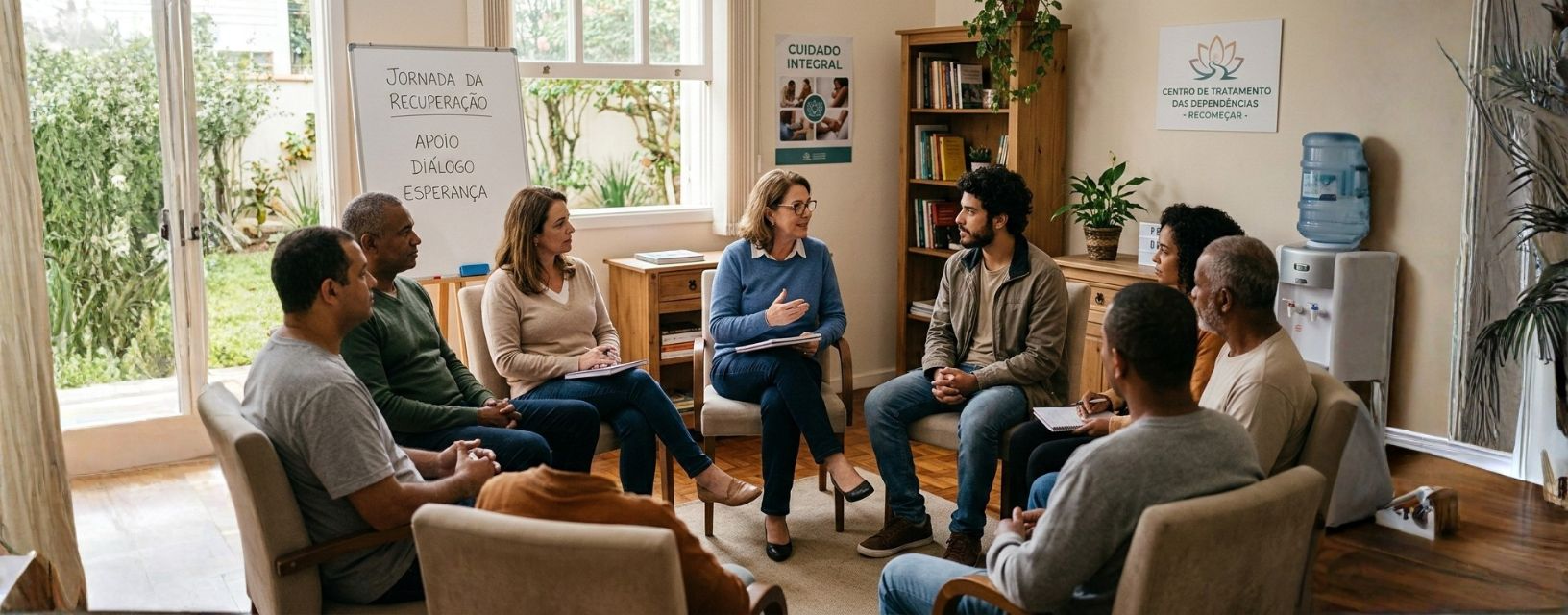 Sessão terapêutica em grupo no contexto do tratamento das dependências e recuperação do comportamento adictivo