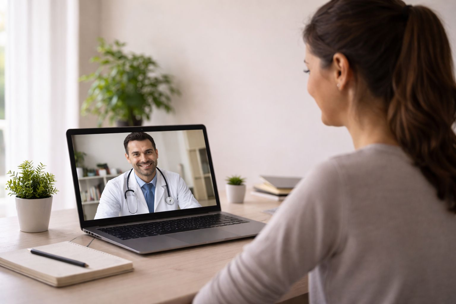 Mulher em consulta médica online no computador enquanto fala com médico sobre Mycoplasma genitalium