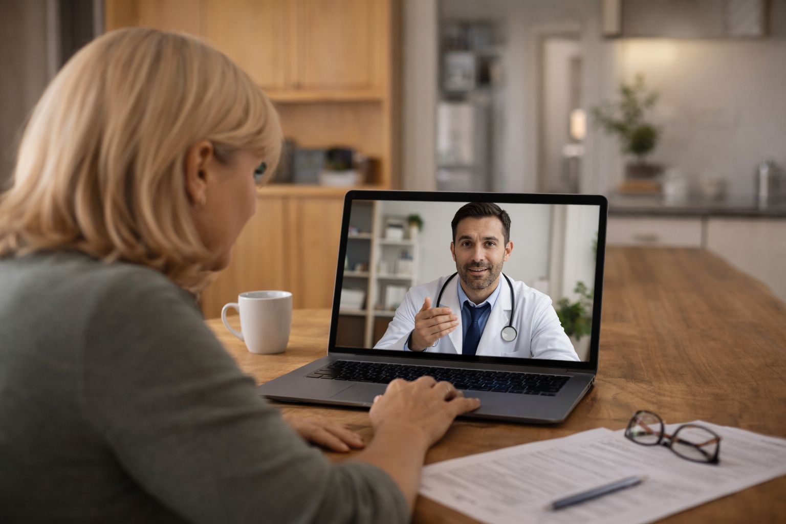 Mulher em consulta médica online num computador a falar com médico sobre vírus do papiloma humano (HPV)