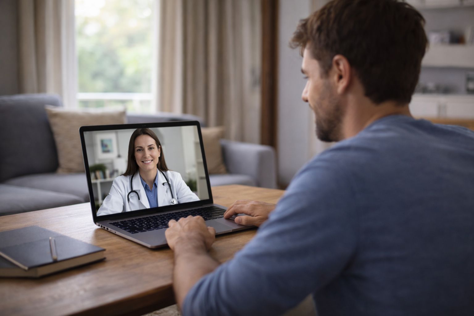 Homem em consulta médica online num computador a falar com médica sobre vacinação contra o HPV