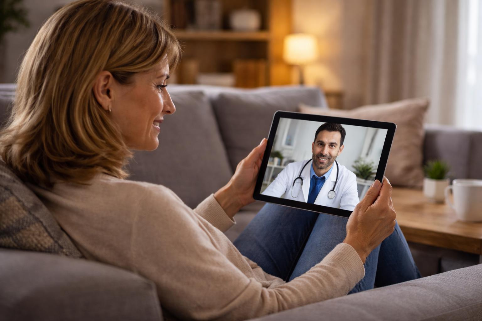 Mulher em casa a fazer consulta médica online num tablet sobre tratamento do Mycoplasma genitalium