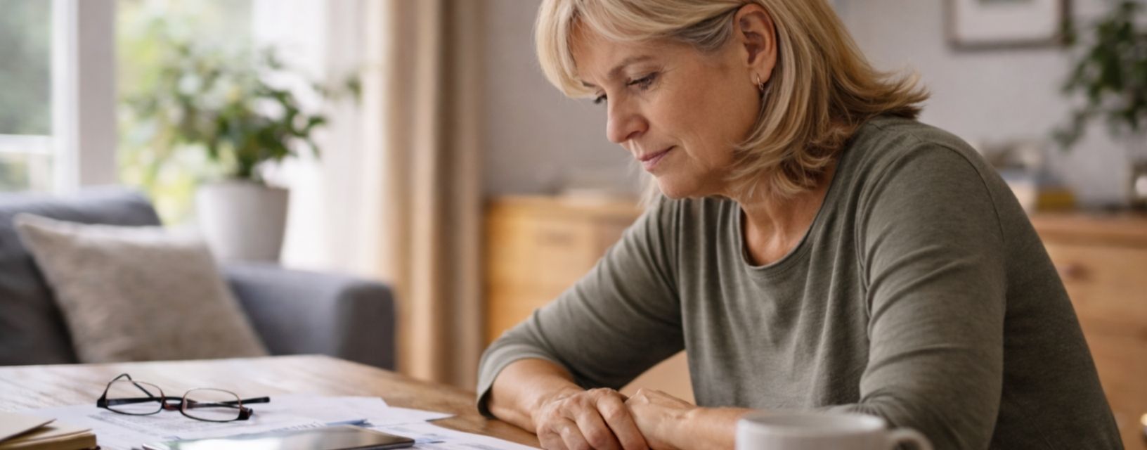 Mulher adulta sentada à mesa em casa a ler documentos sobre Vacinação contra o HPV, com expressão atenta e ambiente doméstico iluminado