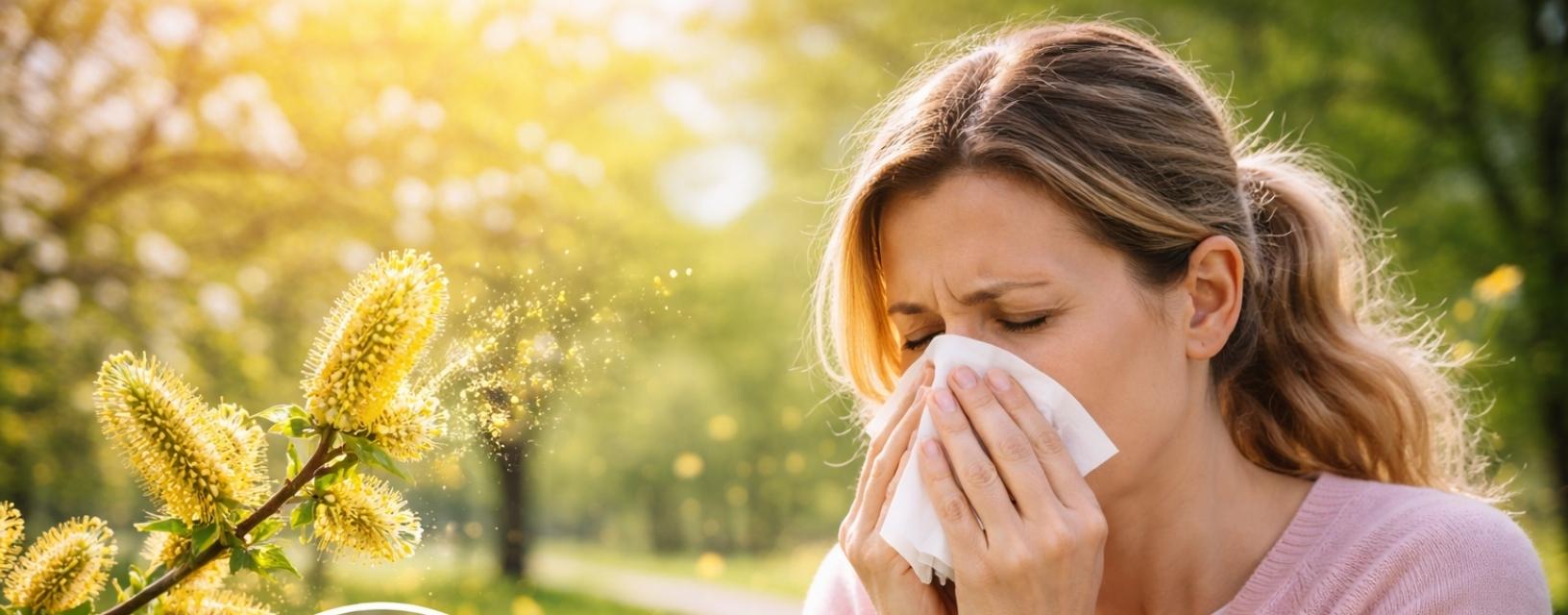 Mulher com rinite alérgica a espirrar ao ar livre devido ao pólen