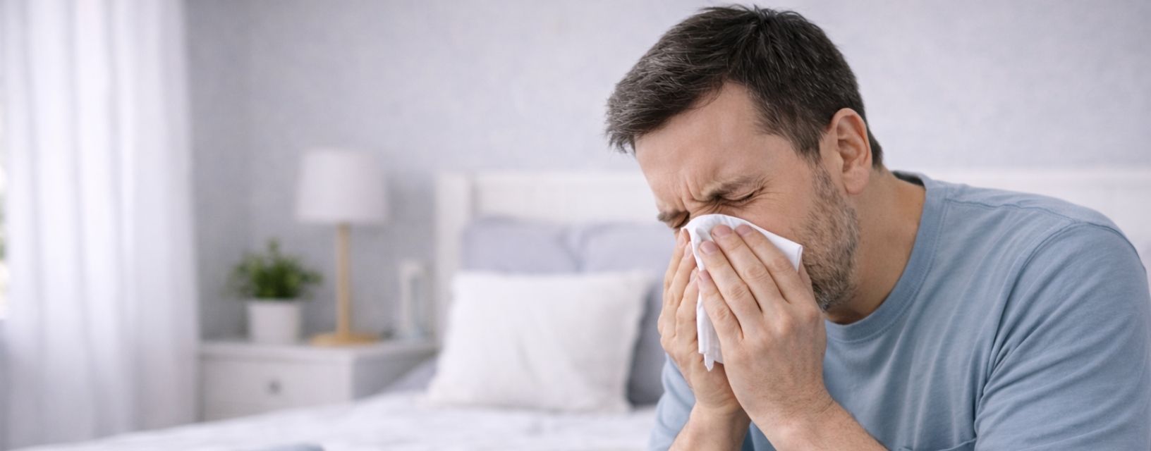 Homem com sintomas de alergia a espirrar em casa com lenço e medicação