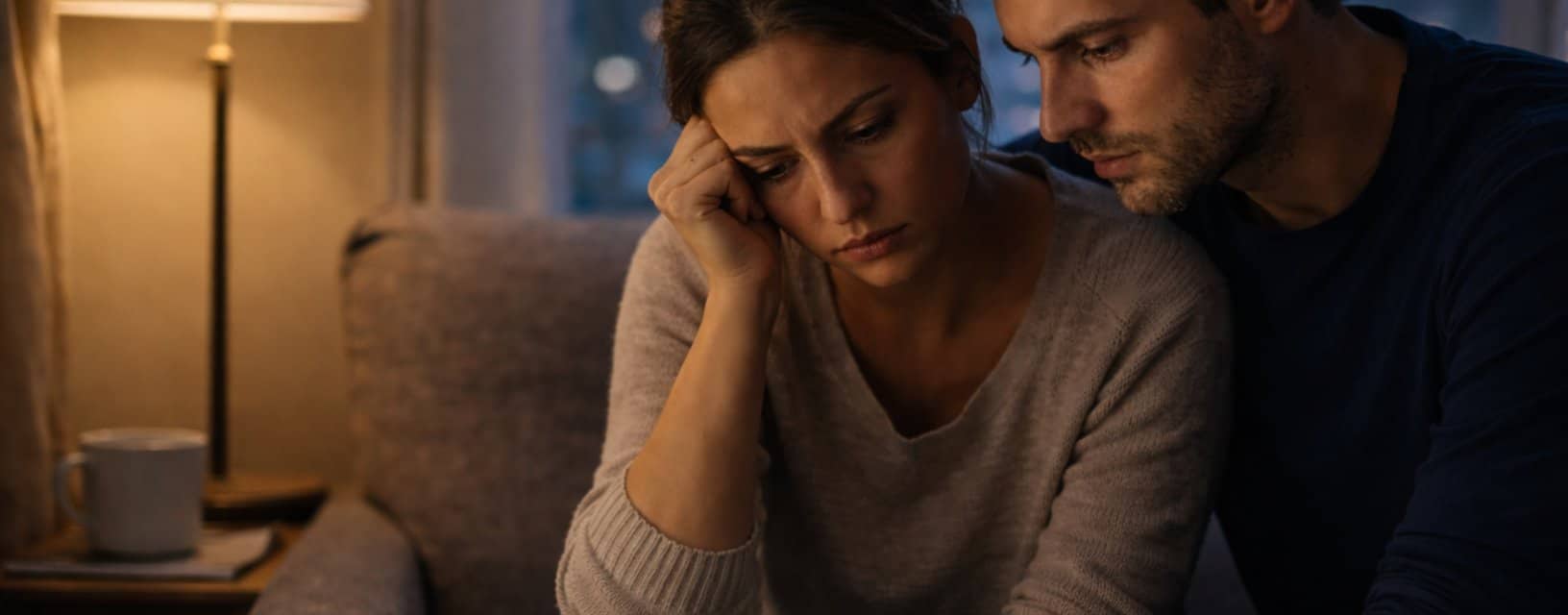 Casal preocupado em casa após diagnóstico durante o tratamento da sífilis