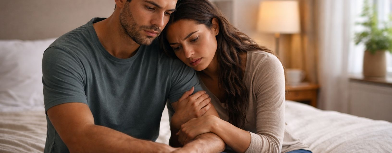 Casal preocupado sentado na cama após receber possível diagnóstico de Mycoplasma genitalium, uma infeção sexualmente transmissível emergente