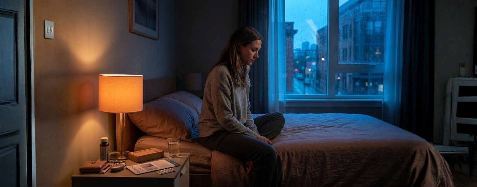 Mulher sentada na cama à noite refletindo sobre sintomas da clamídia, com medicamentos e água ao lado, ilustrando o receio comum ao notar sinais de infecção sexualmente transmissível