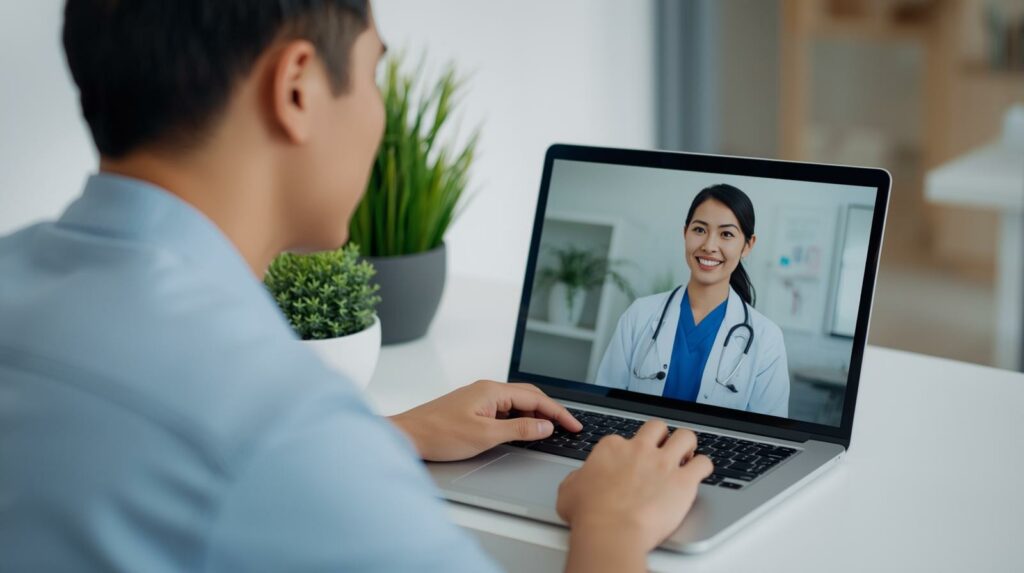 Homem realizando teleconsulta médica para discutir sintomas da clamídia, com doutora sorridente na tela do laptop, destacando atendimento remoto confidencial e acessível