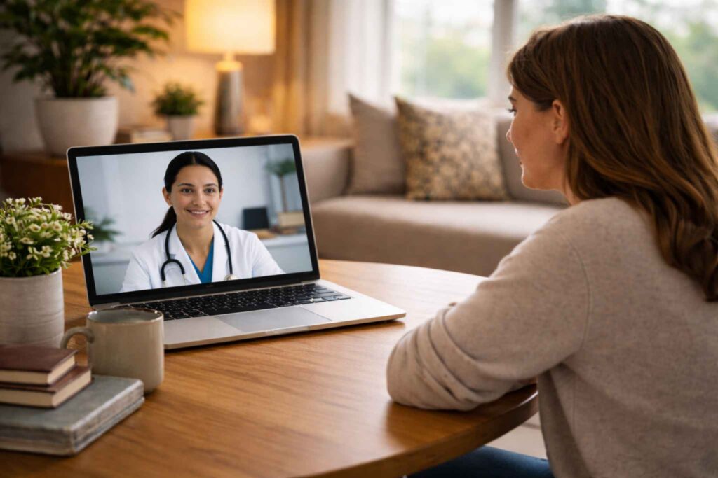 Consulta médica online sobre tratamento da sífilis entre paciente em casa e médica através do computador