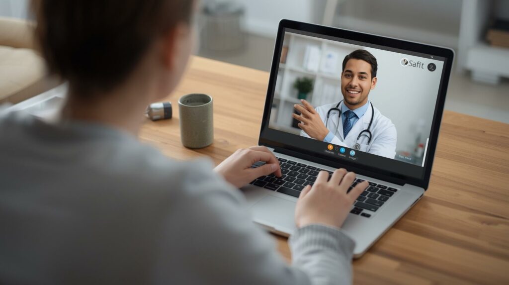 Homem realizando teleconsulta com médico para diagnóstico e tratamento das ISTs, mostrando consulta remota acessível e confidencial em laptop