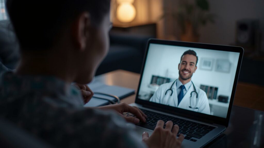 Homem realizando teleconsulta médica para avaliar sintomas da gonorreia, com doutor sorridente na tela do laptop, ilustrando atendimento remoto acessível e sem constrangimento