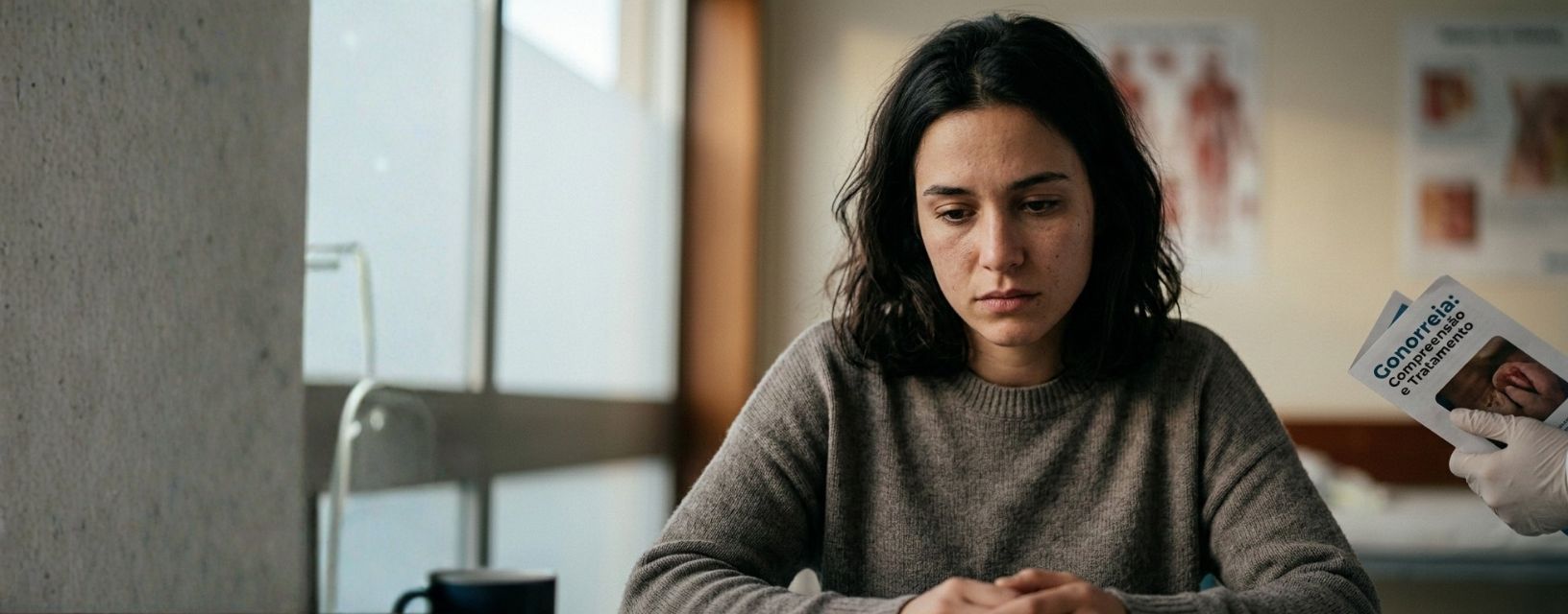 Mulher jovem em consultório lendo folheto sobre gonorreia, refletindo sobre sintomas da gonorreia como corrimento e dor, destacando a importância de diagnóstico precoce em ambiente médico