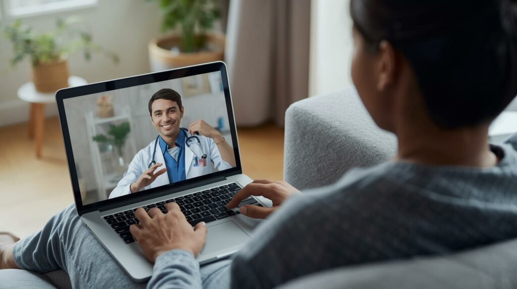 Mulher realizando teleconsulta online com médico para avaliar sintomas da hepatite B, com doutor sorridente na tela do laptop, ilustrando atendimento remoto confidencial e rápido para infecções virais como hepatite B
