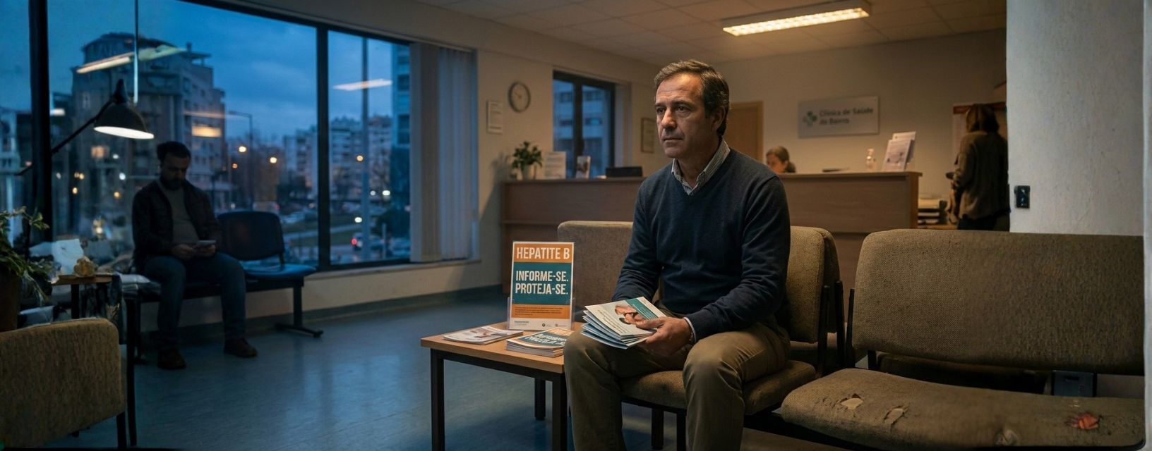 Homem maduro na sala de espera de clínica lendo folhetos sobre hepatite B, refletindo sobre sintomas da hepatite B como fadiga e icterícia, destacando a importância de conscientização e diagnóstico precoce em ambiente médico