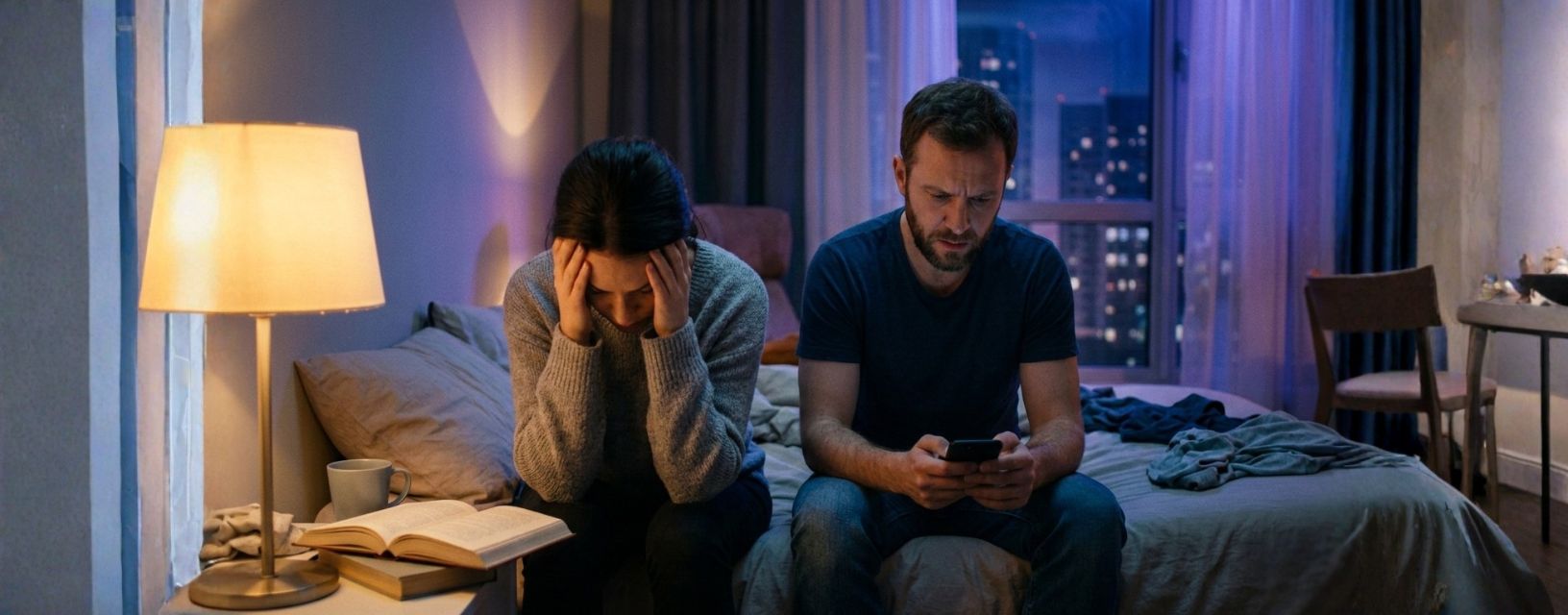 Casal preocupado na cama à noite consultando celular sobre sintomas de herpes genital, ilustrando ansiedade comum ao notar sinais como coceira, bolhas ou dor na região genital