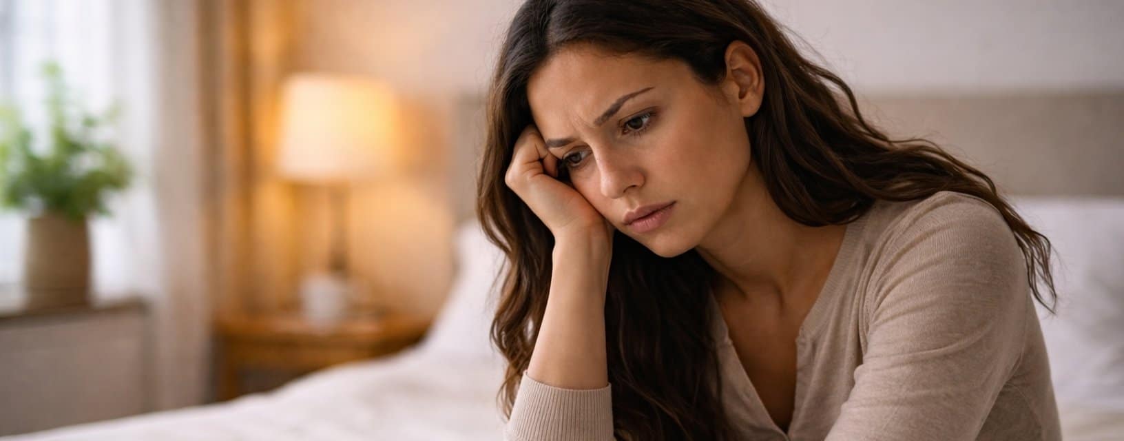 Mulher sentada na cama com expressão preocupada após possível diagnóstico de Mycoplasma genitalium, uma infeção sexualmente transmissível emergente