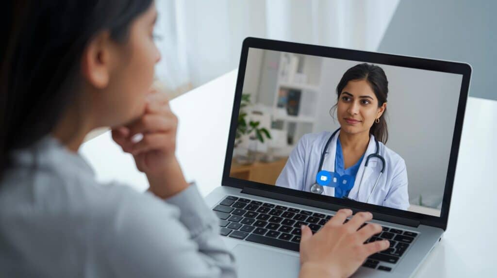 Mulher em teleconsulta com médica na tela do laptop (doutora sorridente em jaleco, ambiente acolhedor, foco na conversa remota e confidencial)