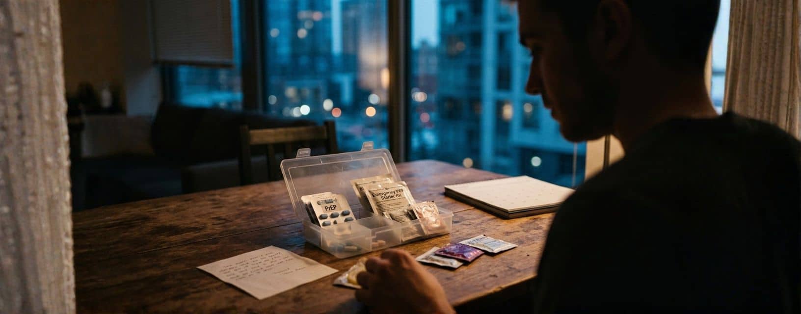 Homem analisando kit de PEP de emergência para prevenção do VIH à noite, com comprimidos, blister e anotações sobre estratégias de prevenção, ilustrando a urgência e importância da profilaxia pós-exposição ao HIV em até 72 horas após risco sexual ou injetável