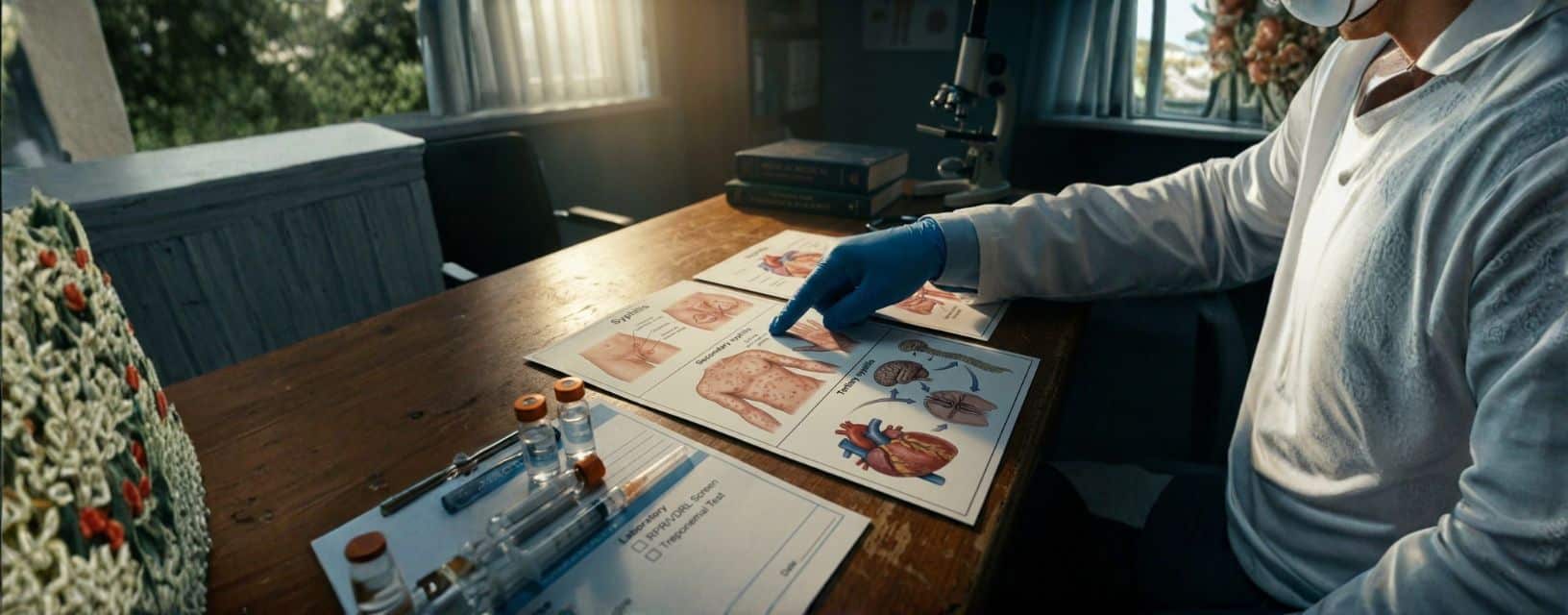 Sintomas da sífilis: ilustrações médicas de lesões primárias e secundárias, incluindo cancro duro e erupções cutâneas