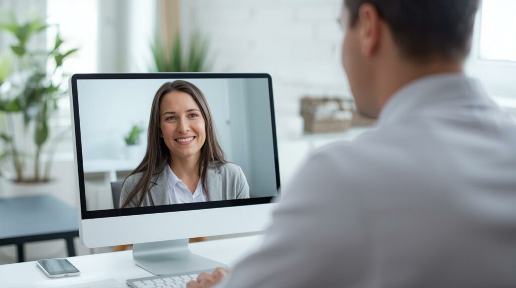 Homem participando de teleconsulta médica para tratamento da clamídia, com doutora sorridente na tela do monitor, ilustrando atendimento remoto confidencial e eficaz para infecções sexualmente transmissíveis