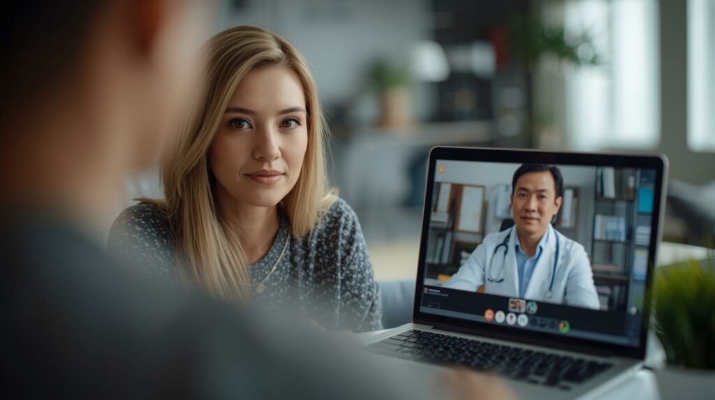 Mulher realizando teleconsulta online para tratamento da gonorreia, conversando com médico especialista na tela do laptop, destacando atendimento remoto confidencial e eficaz contra infecções resistentes