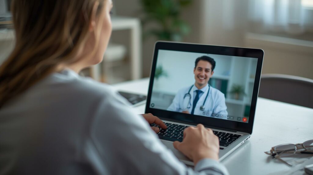 Mulher realizando teleconsulta médica para tratamento da hepatite B, conversando com doutor sorridente na tela do laptop, ilustrando atendimento remoto confidencial e eficaz para manejo antiviral, vacinação e prevenção da infecção crônica