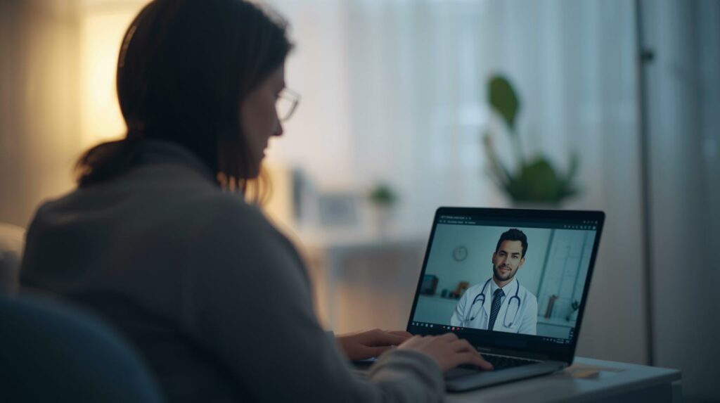 Mulher realizando teleconsulta online para tratamento do herpes genital, conversando com médico especialista na tela do laptop, ilustrando atendimento remoto discreto e eficaz para manejo de sintomas e prevenção de recorrências