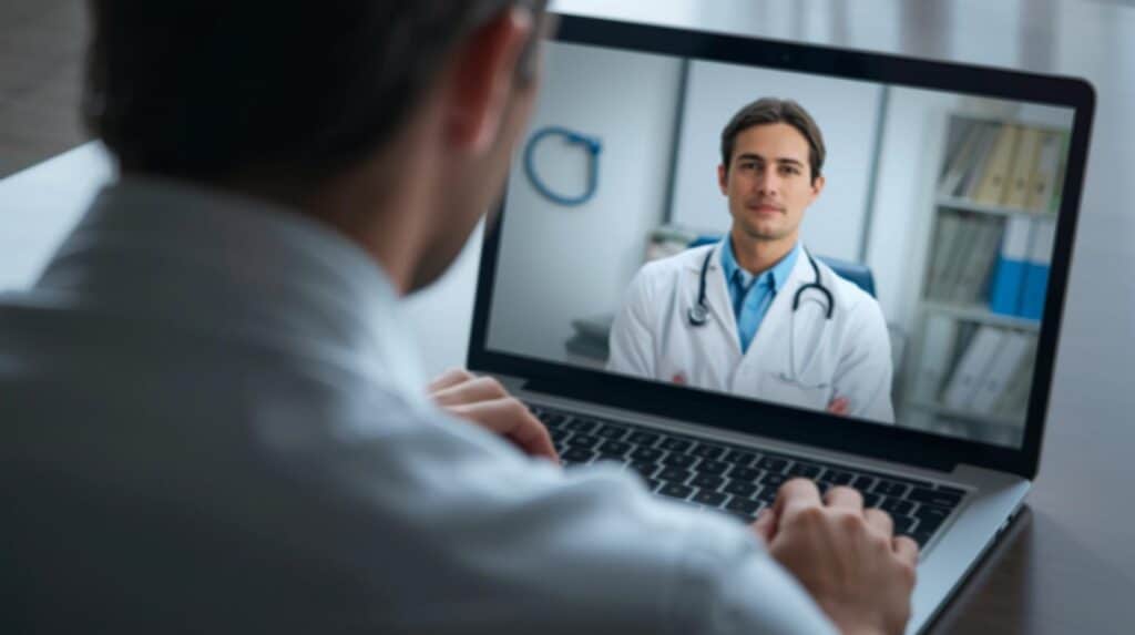 Homem realizando teleconsulta médica para discutir tratamento da tricomoníase, com doutor sorridente na tela do laptop, destacando atendimento remoto confidencial e rápido para infecções sexualmente transmissíveis como tricomoníase