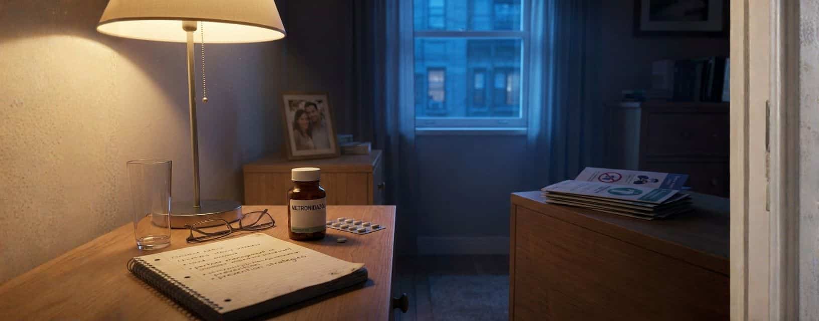 Mesa de cabeceira à noite com frasco de metronidazol e comprimidos para tratamento da tricomoníase, caderno com anotações sobre parceiro, prevenção e estratégias, ilustrando o momento de reflexão e adesão ao tratamento da infecção sexualmente transmissível causada por Trichomonas vaginalis