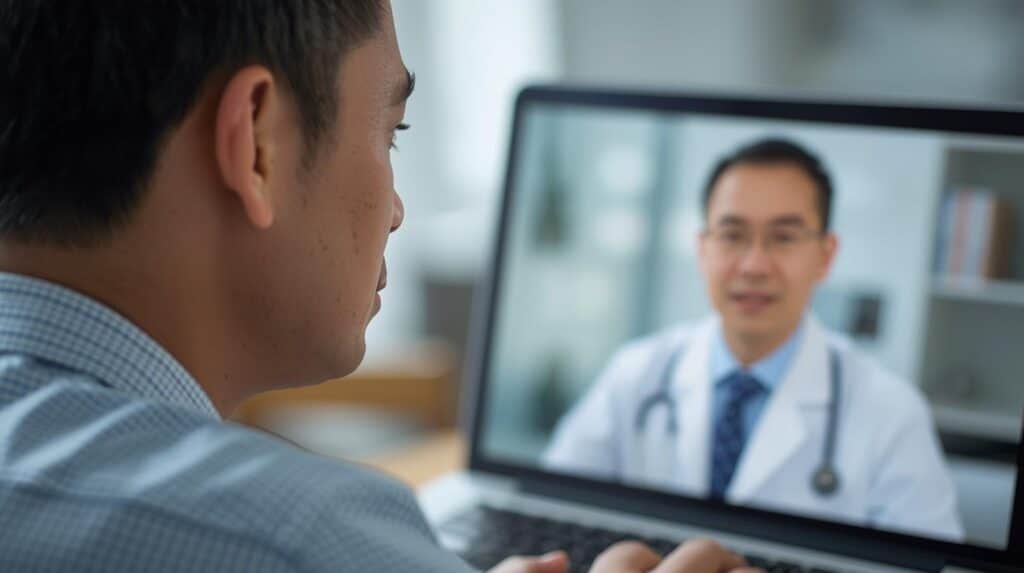 Homem realizando teleconsulta médica para avaliar sintomas de tricomoníase, com doutor sorridente na tela do laptop, ilustrando atendimento remoto confidencial e acessível para infecções sexualmente transmissíveis com corrimento, ardor e desconforto uretral