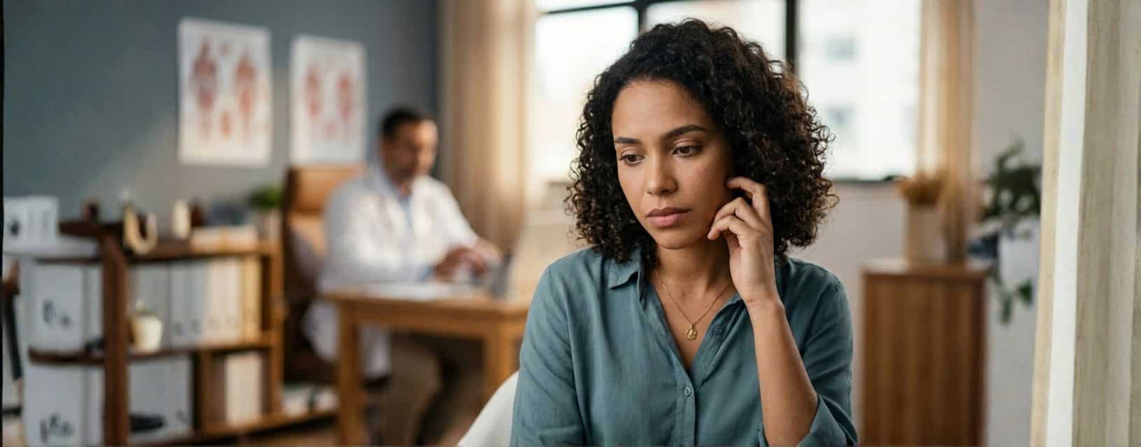 Mulher jovem em consultório refletindo sobre sintomas da tricomoníase, com médico ao fundo, ilustrando ansiedade comum ao notar corrimento vaginal com odor forte, coceira e irritação na infecção por Trichomonas vaginalis