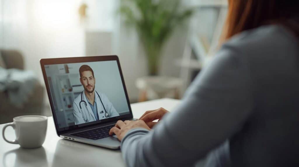Homem realizando teleconsulta médica para avaliar sintomas de VIH, com doutor sorridente na tela do laptop, ilustrando atendimento remoto confidencial e acessível para orientação sobre infecção pelo vírus da imunodeficiência humana, testes e prevenção