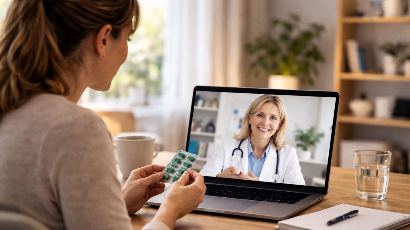 Homem em consulta médica online com médico no computador durante acompanhamento clínico sobre viver com VIH