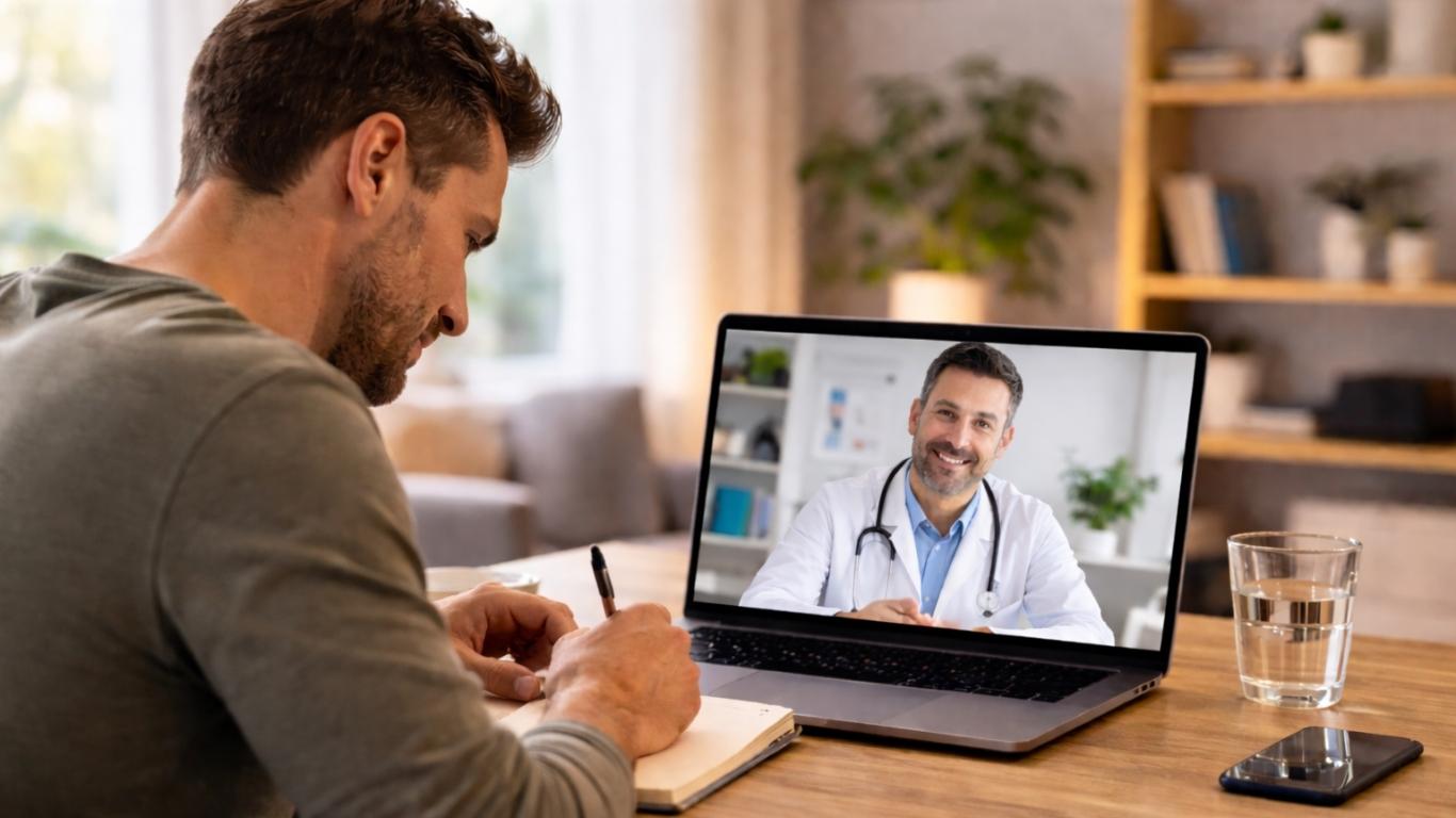 Homem em consulta médica online com médico no computador para esclarecimento e diagnóstico de tricomoníase masculina
