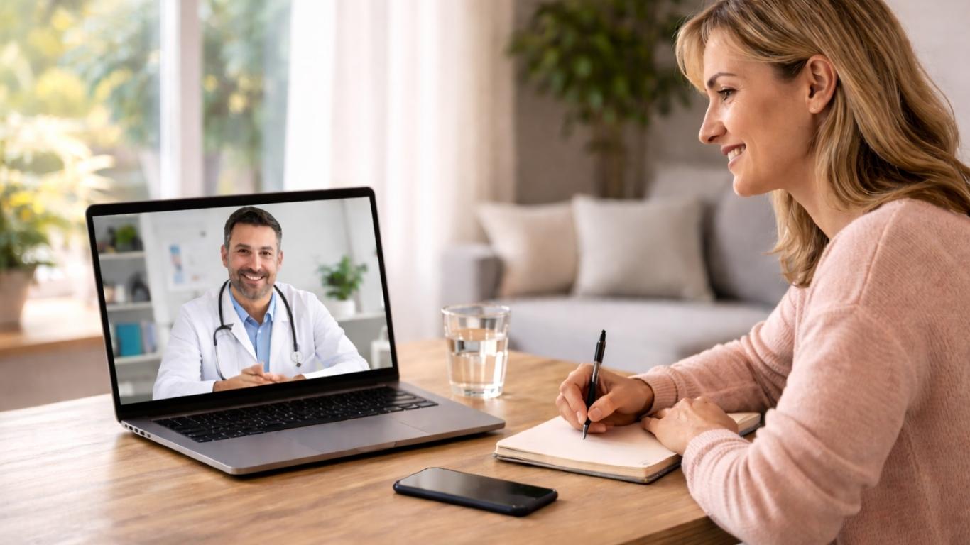 Mulher em consulta médica online com médico no computador durante esclarecimento sobre transmissão vertical do VIH