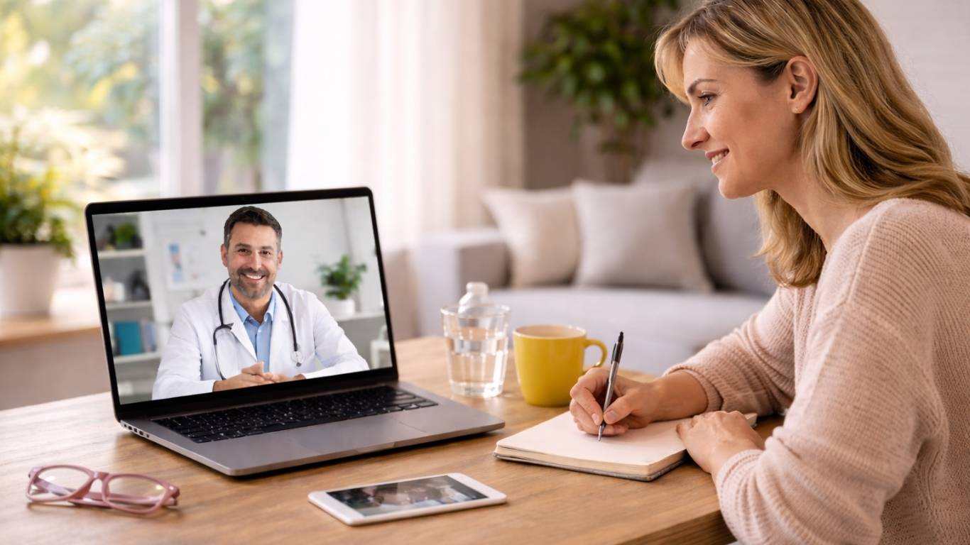 Mulher em consulta médica por videochamada com médico no computador durante avaliação clínica de neurossífilis