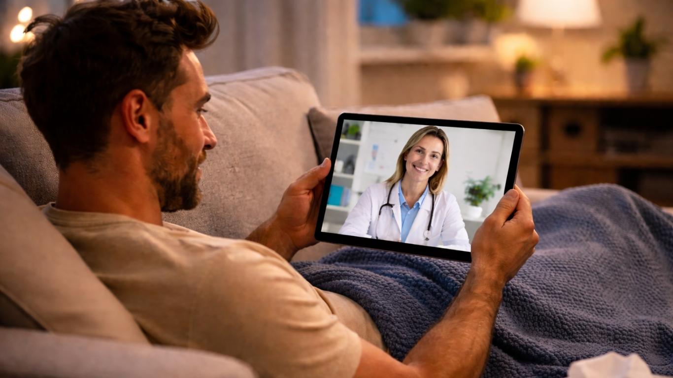 Homem em casa a realizar consulta médica por videochamada num tablet para esclarecimento sobre coinfecção sífilis VIH