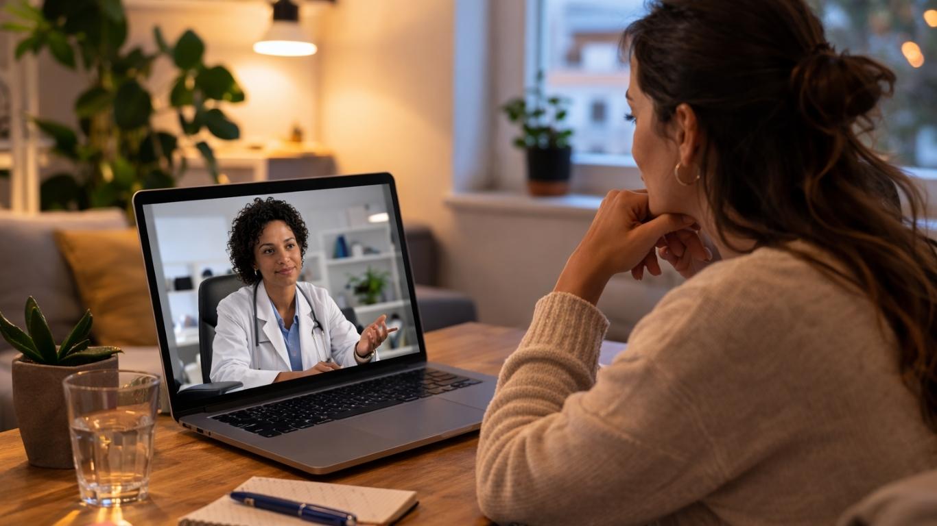 Paciente em consulta médica online com médica no computador durante esclarecimento sobre Mycoplasma Genitalium
